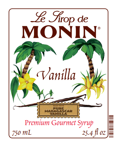 Monin Vanilla syrup label with palm trees and flowers