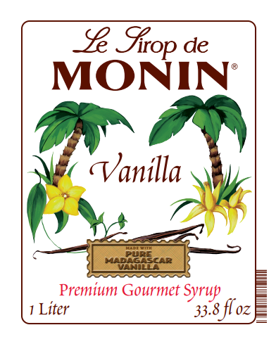 Monin Vanilla syrup label with palm trees and flowers