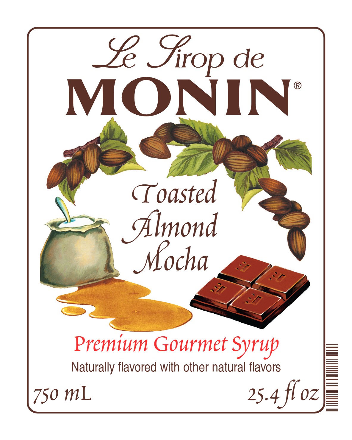 Front label of Monin Toasted Almond Mocha Syrup, featuring the brand name and flavour, placed against a white background
