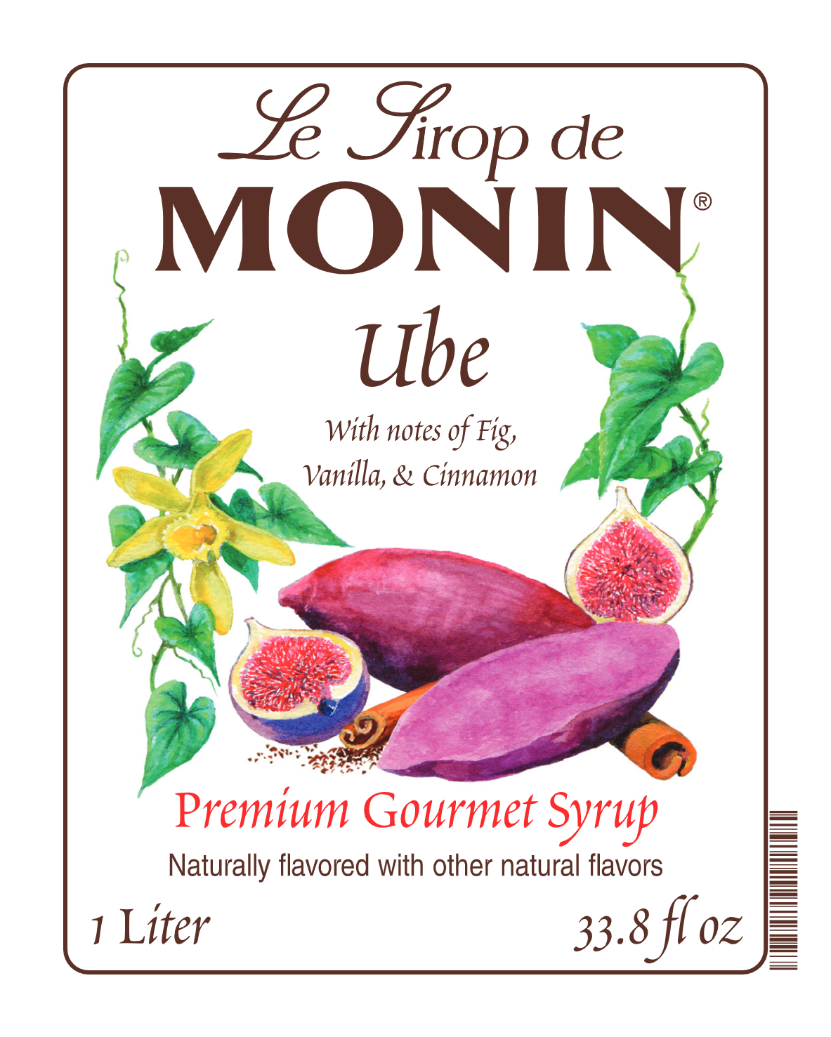 Front label of Monin Ube Syrup, featuring the brand name and flavour, placed against a white background
