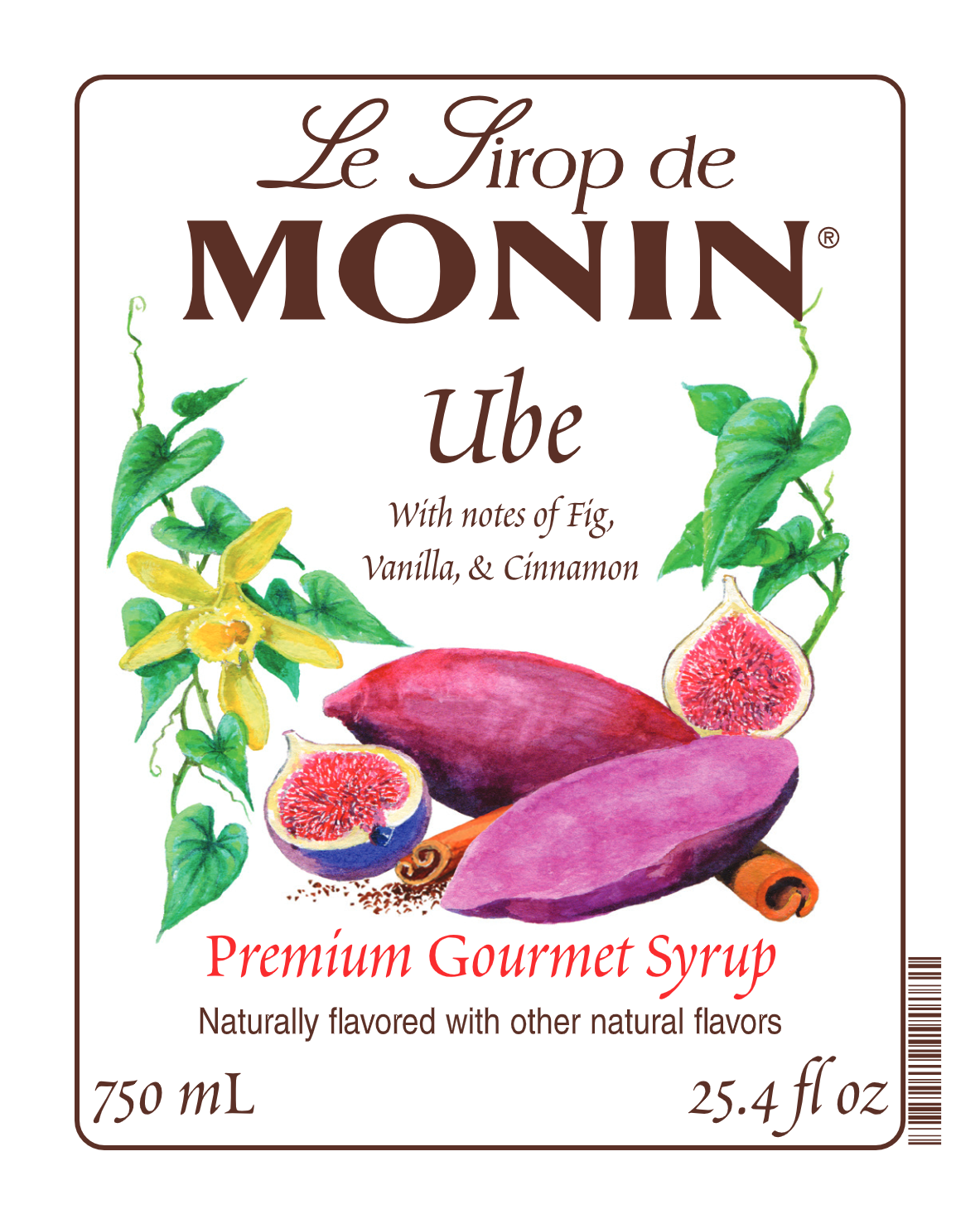 Front label of Monin Ube Syrup, featuring the brand name and flavour, placed against a white background
