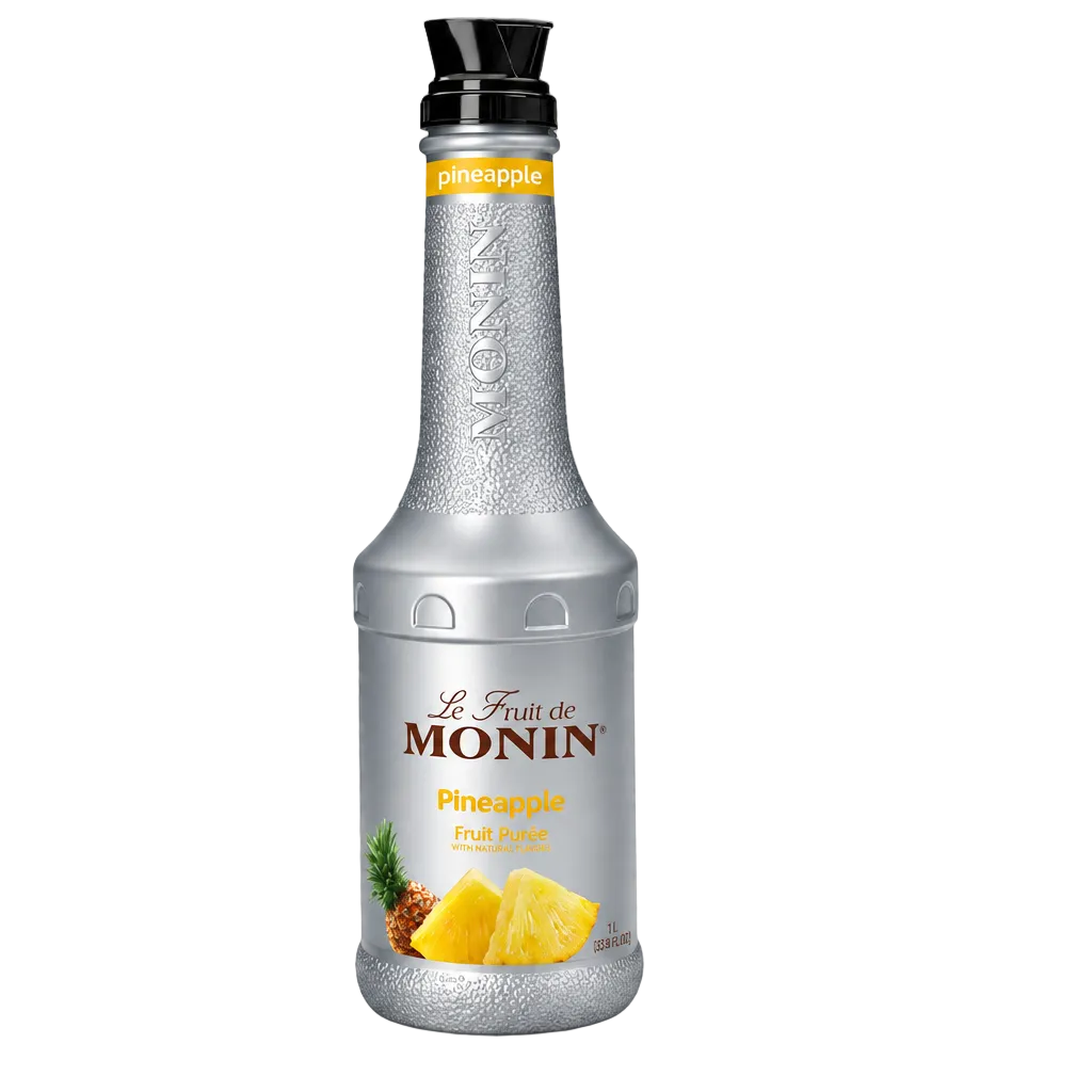 Monin Pineapple Fruit Puree on a white background.