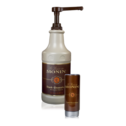 64oz Bottle of Monin Dark Chocolate Sauce with a 12oz squeeze bottle on the side. 