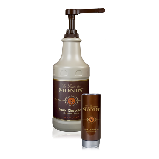 64oz Bottle of Monin Dark Chocolate Sauce with a 12oz squeeze bottle on the side. 