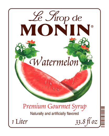 Front label of Monin Watermelon Syrup showing a watermelon slice, indicating the flavor of the syrup.