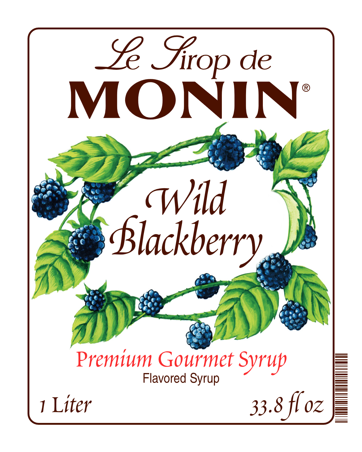 Monin Wild Blackberry Syrup front label showing the product name and a picture of blackberries.