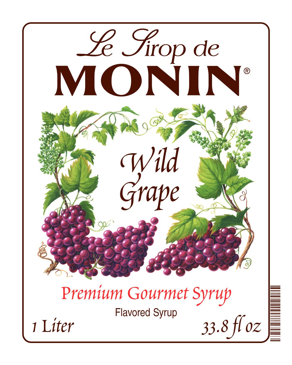 Monin Wild Grape Syrup label with purple grape clusters and green vine leaves