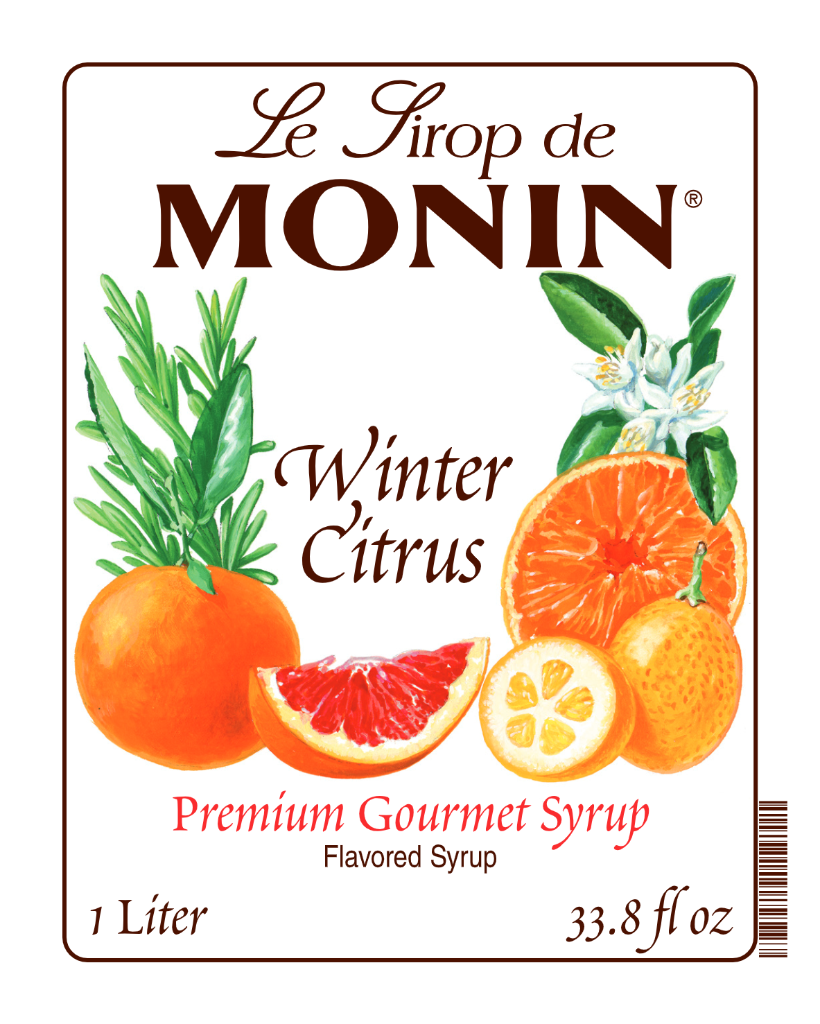 Front label of Monin Winter Citrus Syrup, featuring the brand name and flavour, placed against a white background.