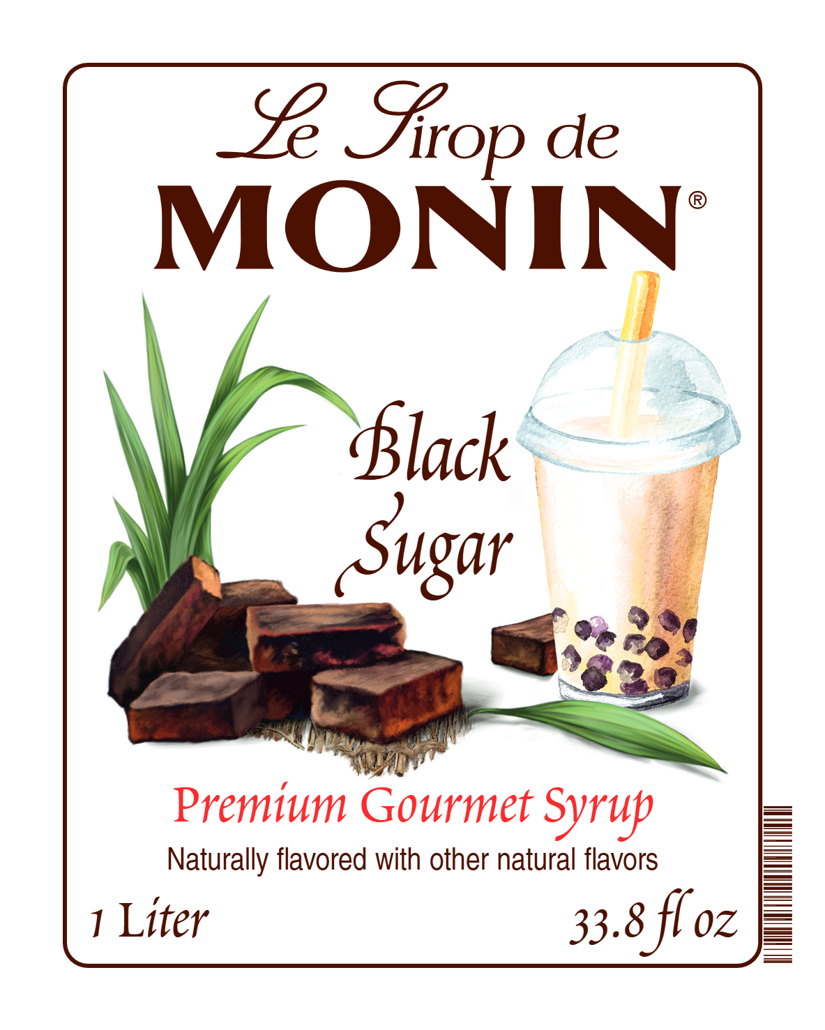 Label of Monin Black Sugar Syrup showing the brand name and the syrup's name