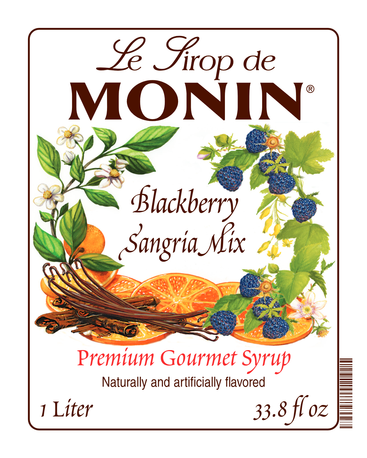 Monin Blackberry Sangria Mixe's label showing a picture of blackberries and text indicating the flavor.