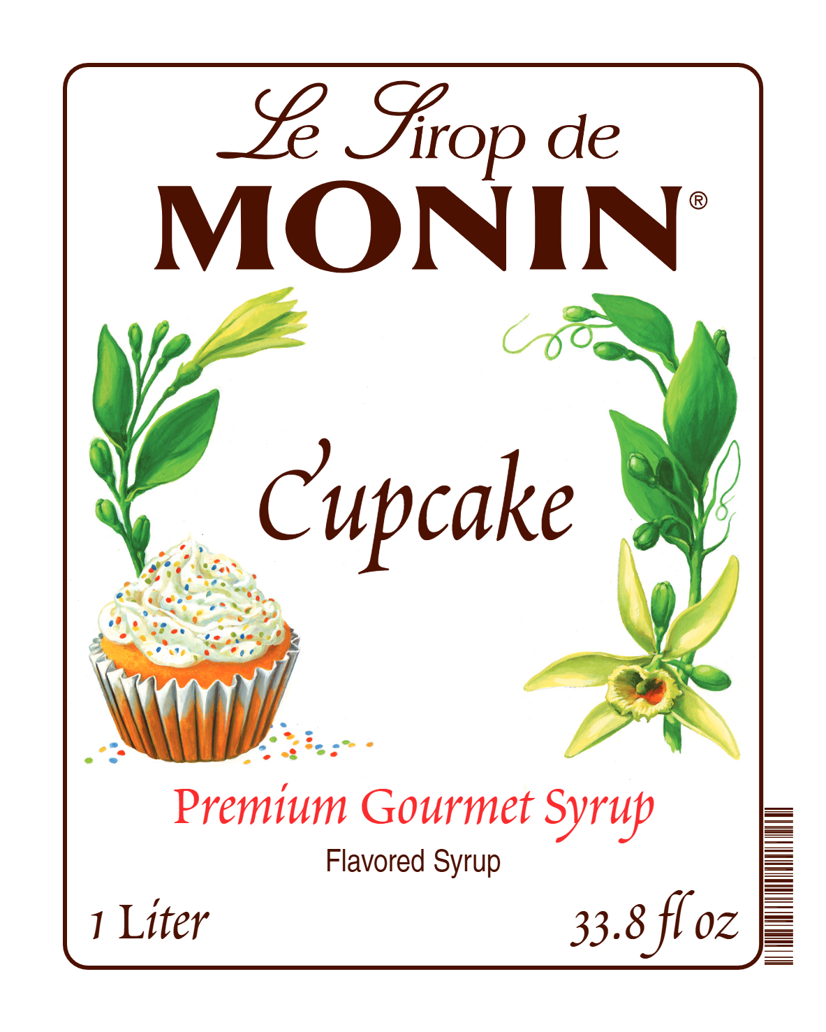 Monin Cupcake Syrup label with vanilla flower and cupcake illustration