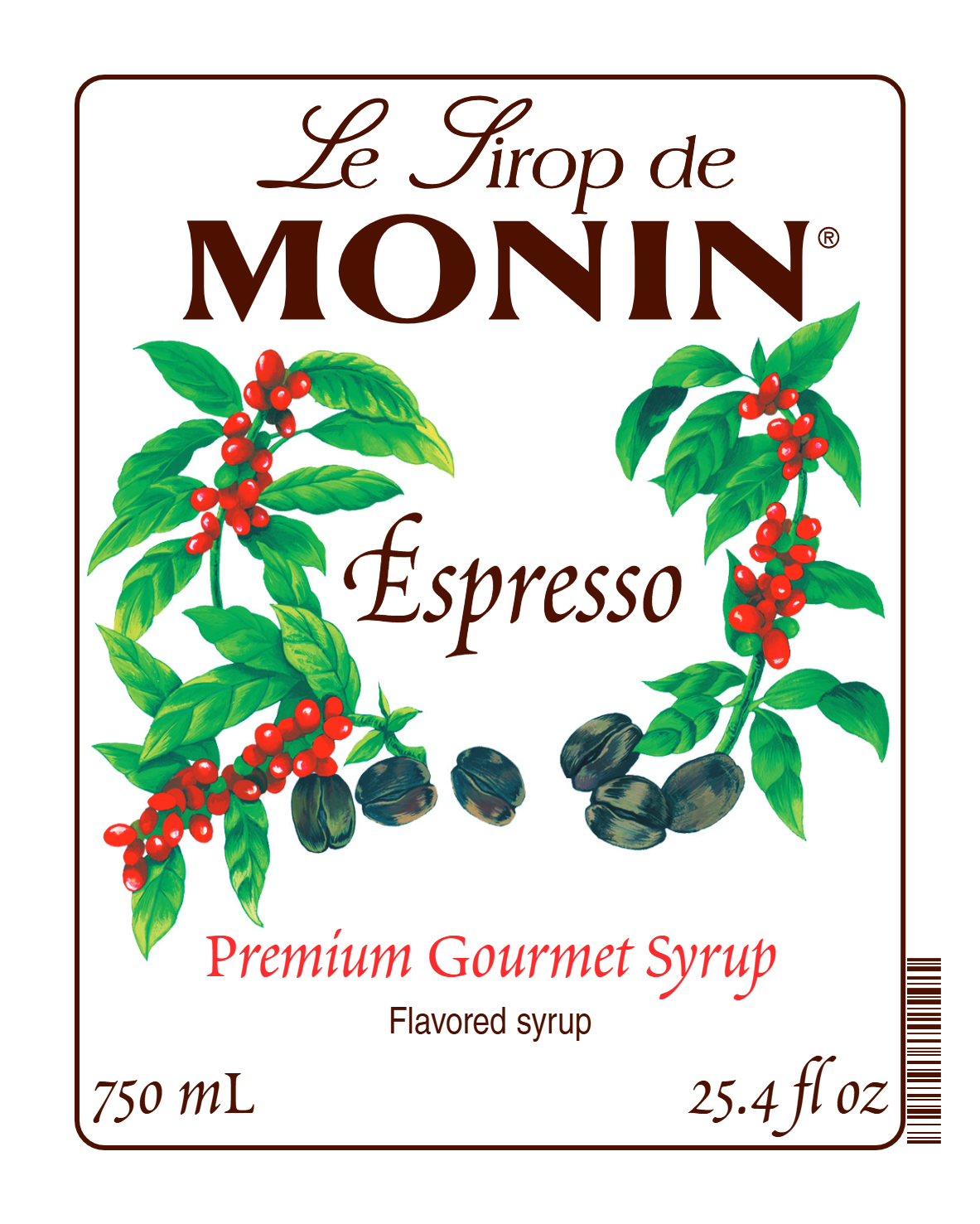 Monin Espresso Syrup 750 mL label with coffee plant and roasted coffee bean illustrations