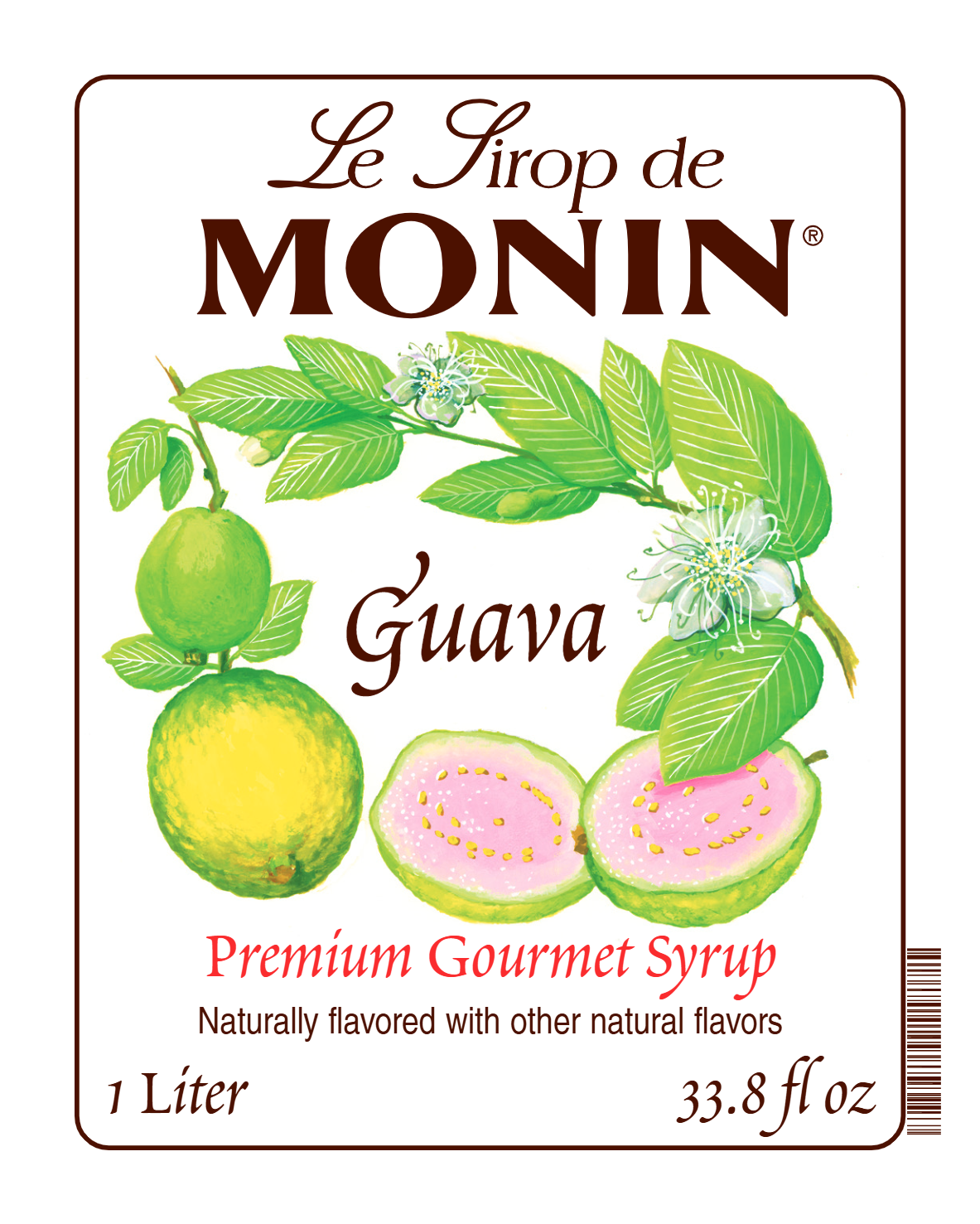 A 1L label of Monin Guava Syrup, featuring the brand name and flavour, placed against a white background