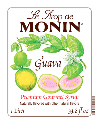 A 1L label of Monin Guava Syrup, featuring the brand name and flavour, placed against a white background