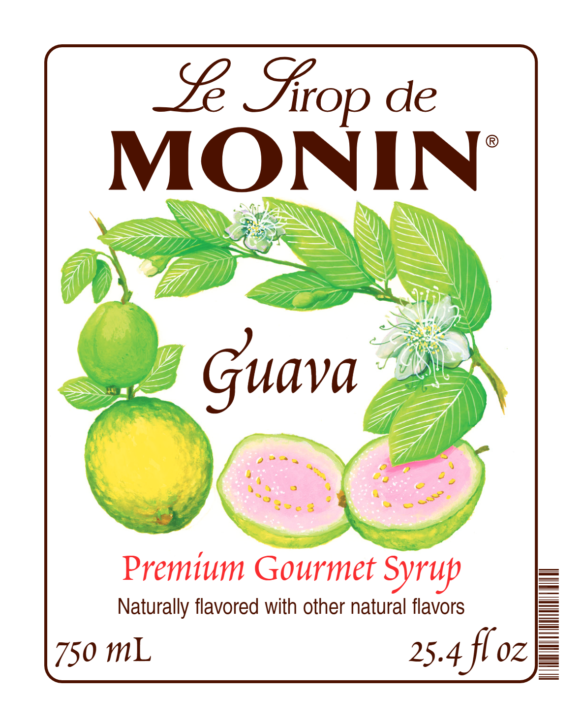 A 750mL label of Monin Guava Syrup, featuring the brand name and flavour, placed against a white background
