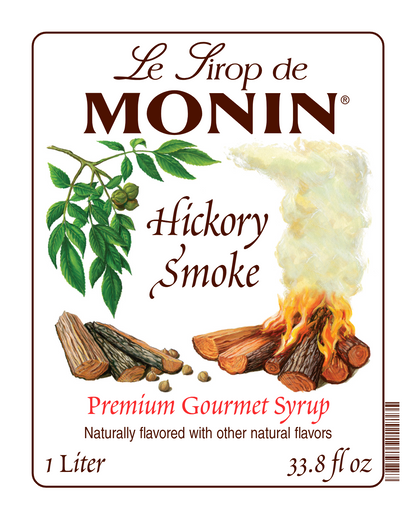 Front label of Monin Hickory Smoke Syrup, featuring the brand name and flavour, placed against a white background