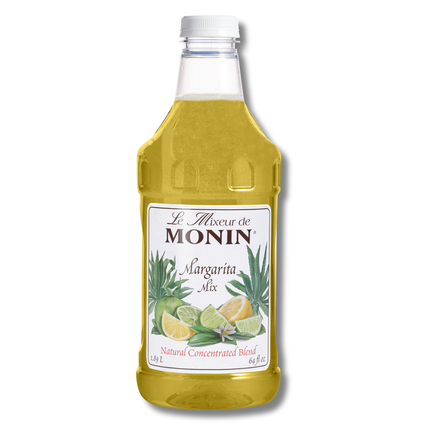 A 64oz plastic bottle of Monin Margarita Mix, featuring a white label with illustrations of limes on a white background