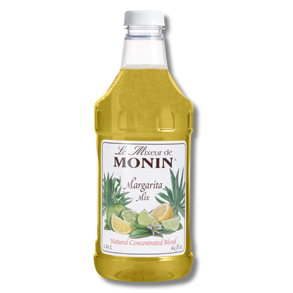 A 64oz plastic bottle of Monin Margarita Mix, featuring a white label with illustrations of limes on a white background