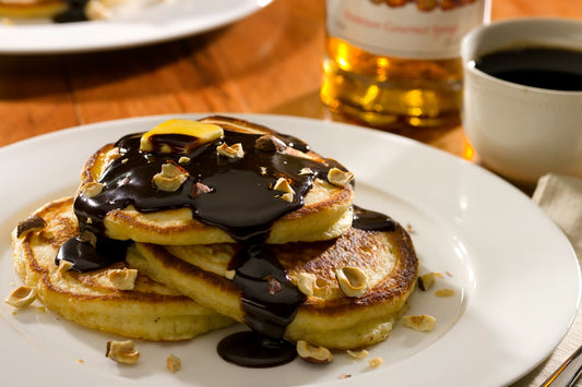 Monin Roasted Hazelnut Pancakes with Dark Chocolate Sauce