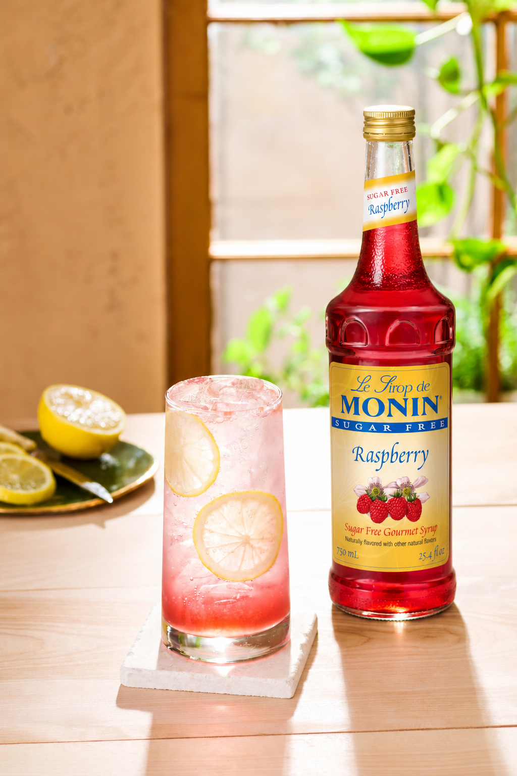 Monin Sugar Free Raspberry Syrup with a pink raspberry lemonade and fresh lemon slices