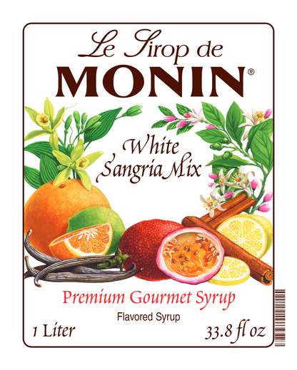 Front label of Monin White Sangria Mix Syrup, featuring the brand name and flavour, placed against a white background

